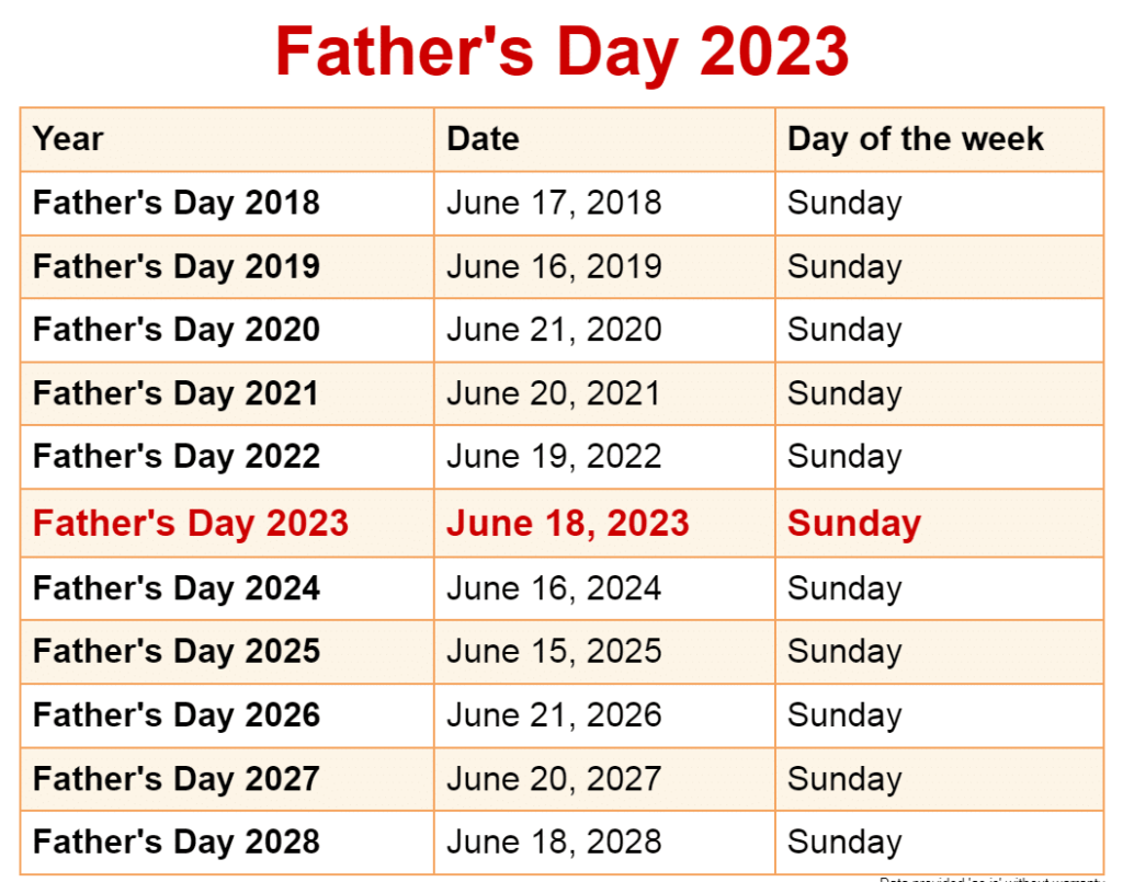 Father's day calendar